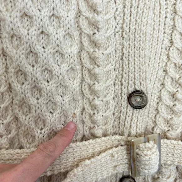 VTG Cream Cable Knit Acrylic Handmade Belted‎ Cardigan Collar Western Revival